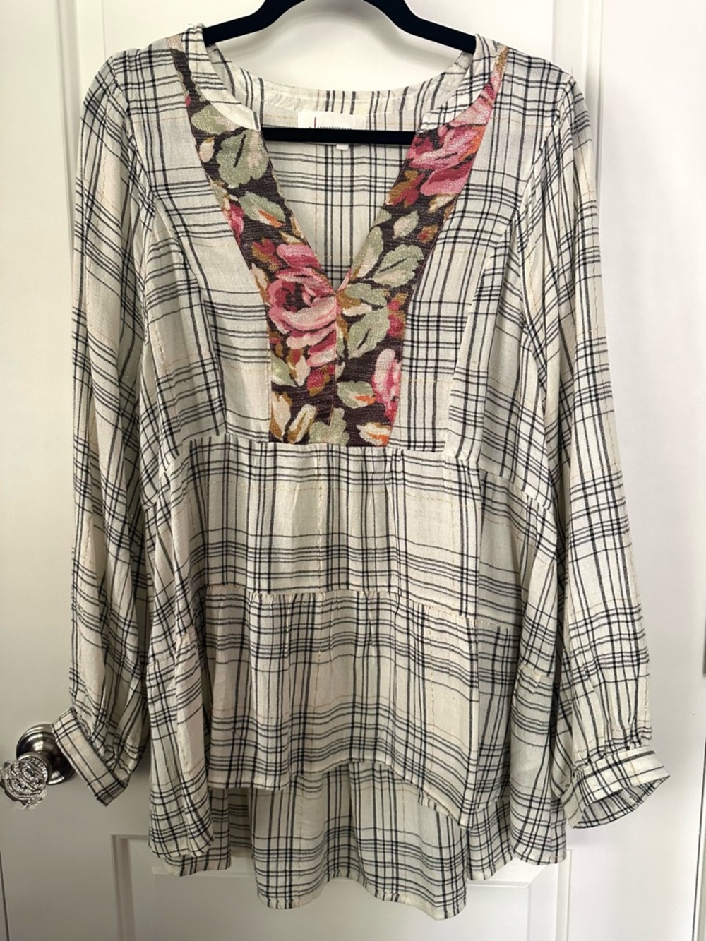 Anthropologie Plaid Floral Boho Tunic Top Metallic Thread Hi Low Blouse L